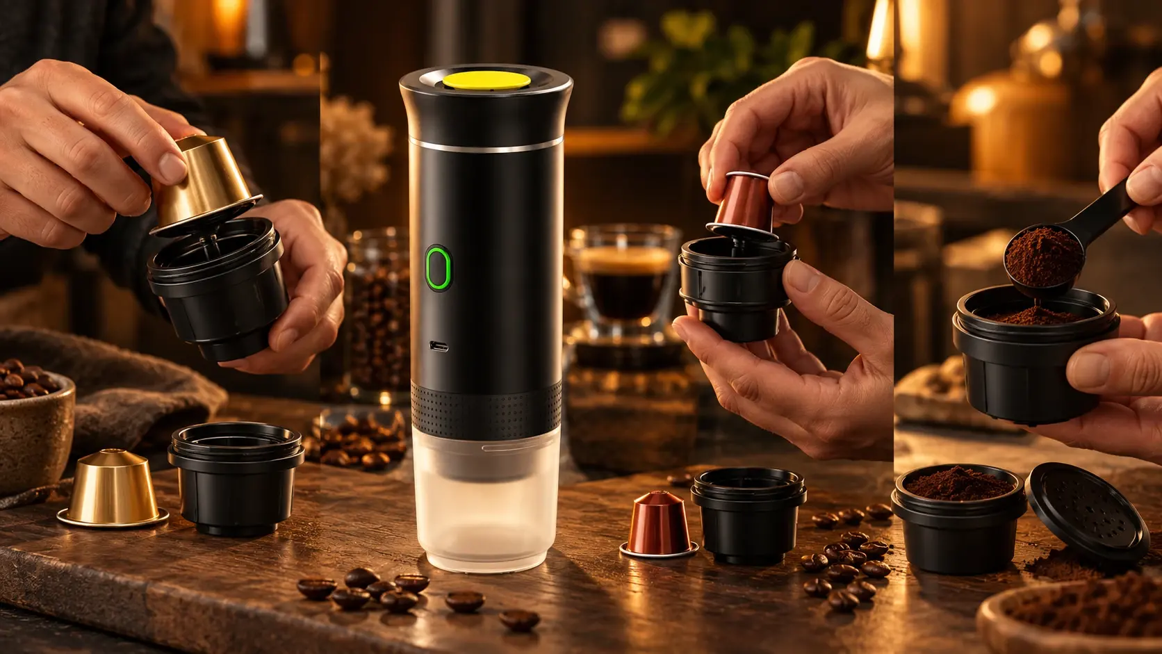 How to fit the adapters of the Nomafé portable coffee maker, showing how to switch between the different coffee formats