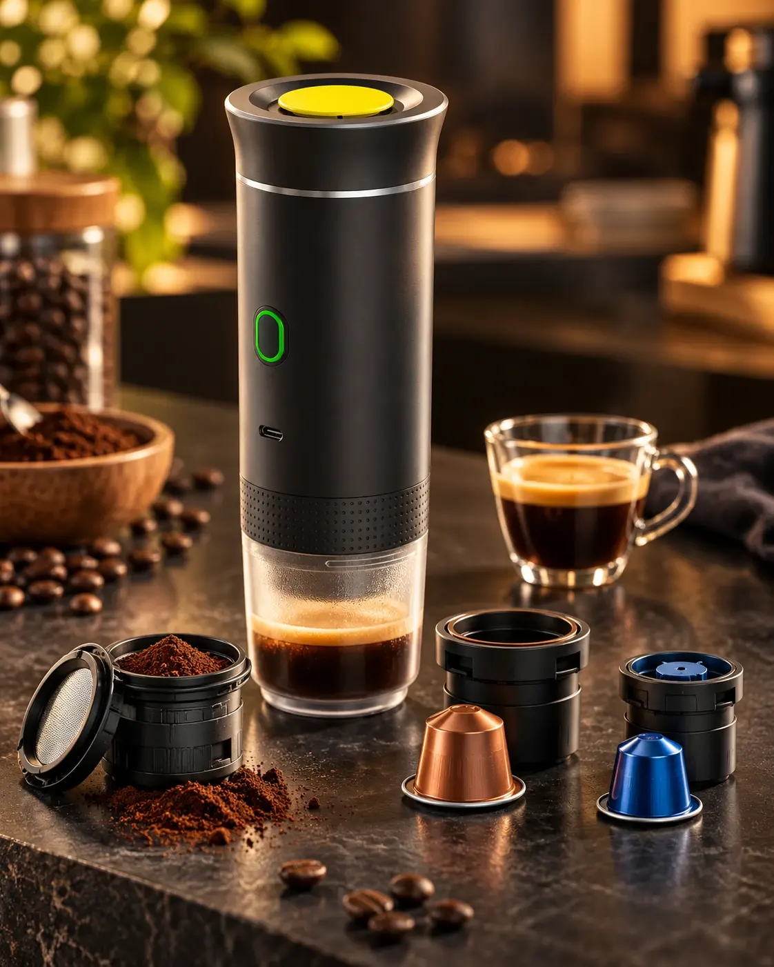 Interchangeable adapters of the portable coffee maker for large capsule, small capsule and ground coffee