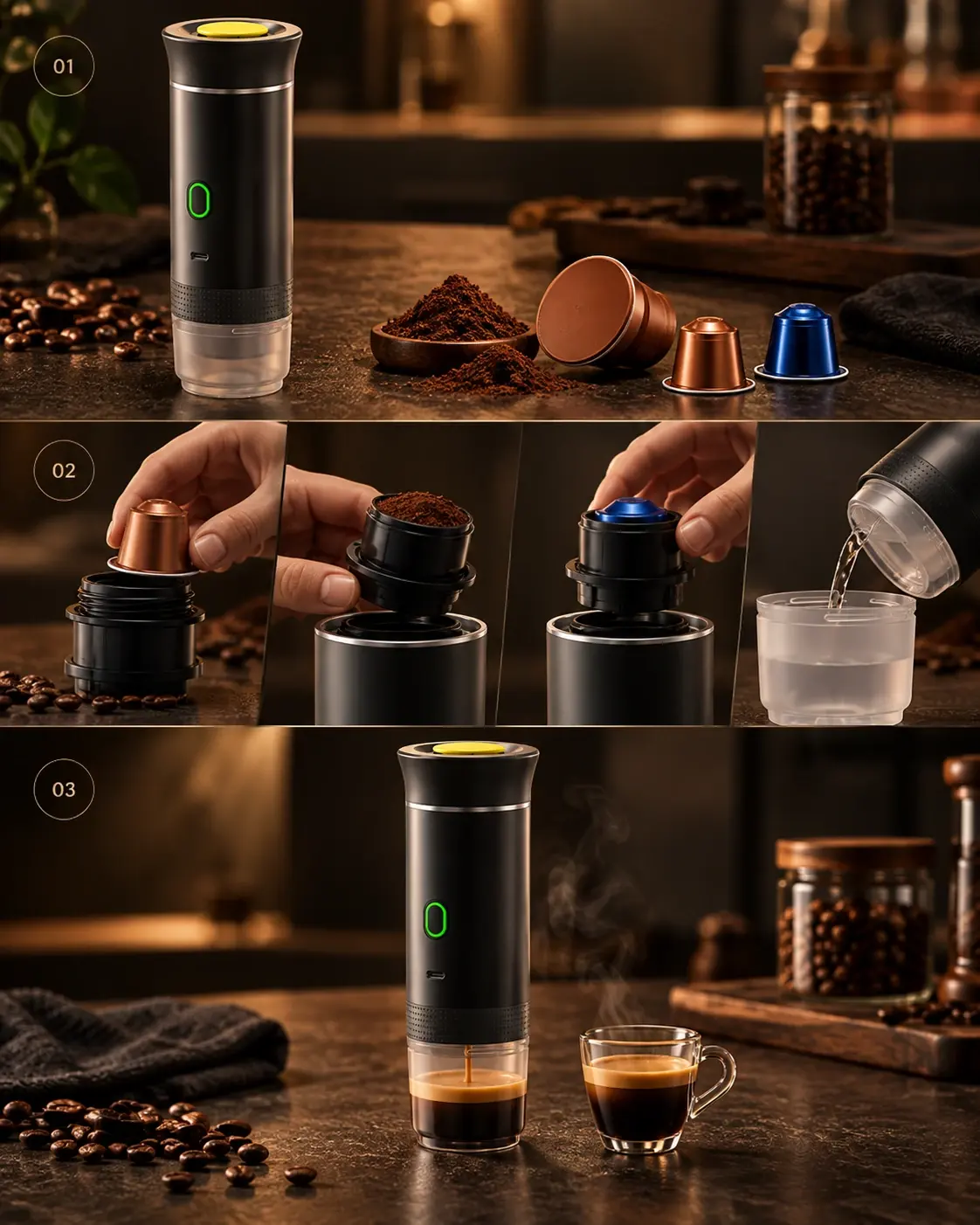 The three steps for using the portable coffee maker