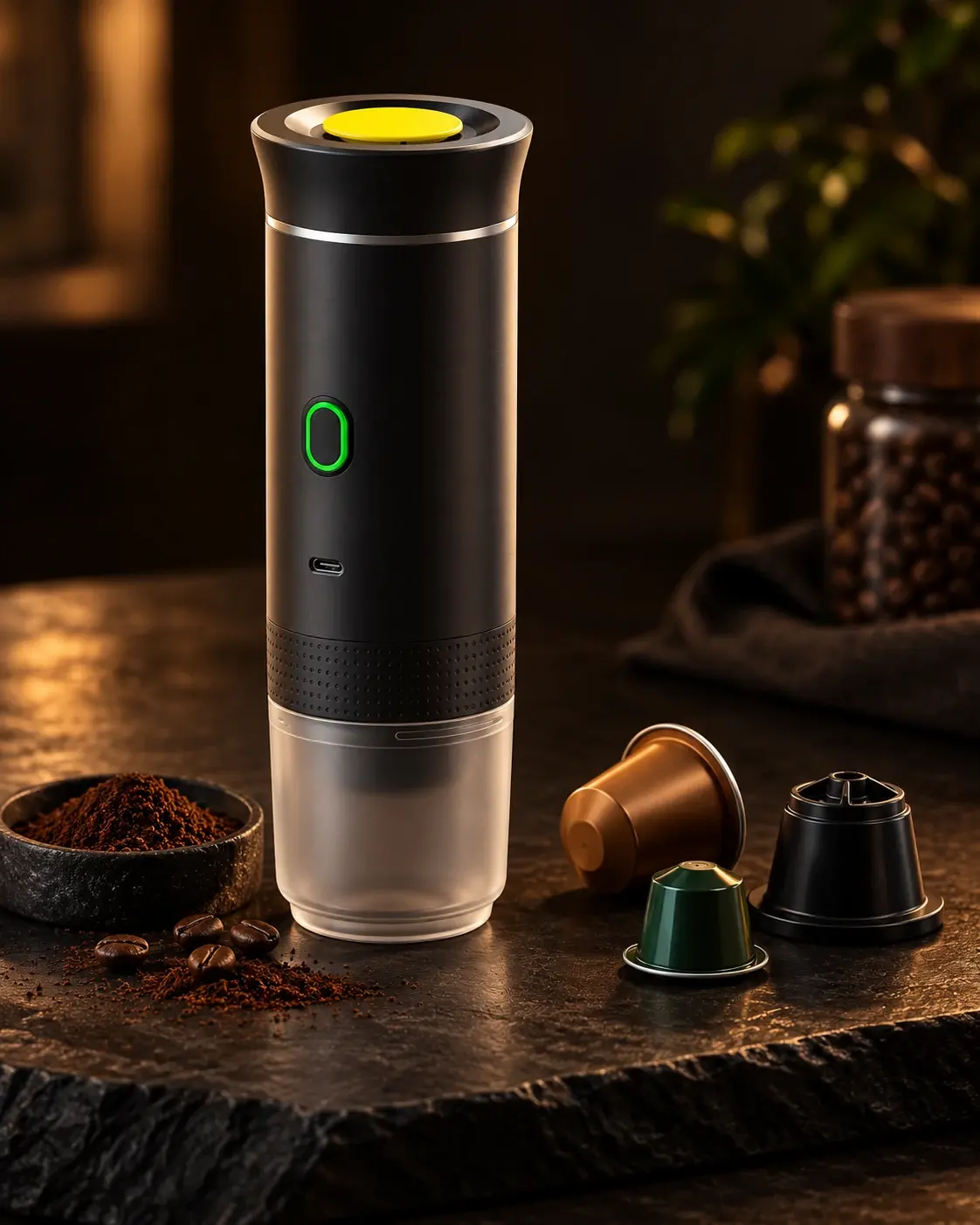 Portable coffee maker on a dark stone surface with capsules around it