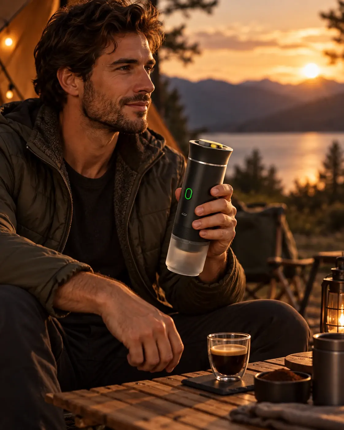 Man holding the portable coffee maker next to a camping table at sunset