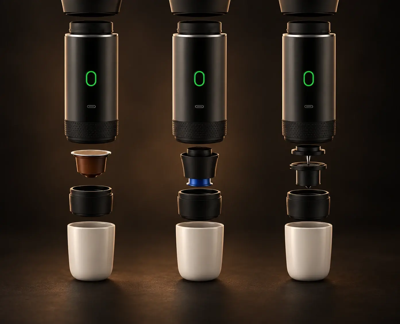 Three set-ups of the portable coffee maker: large capsule adapter, small capsule adapter and ground coffee portafilter