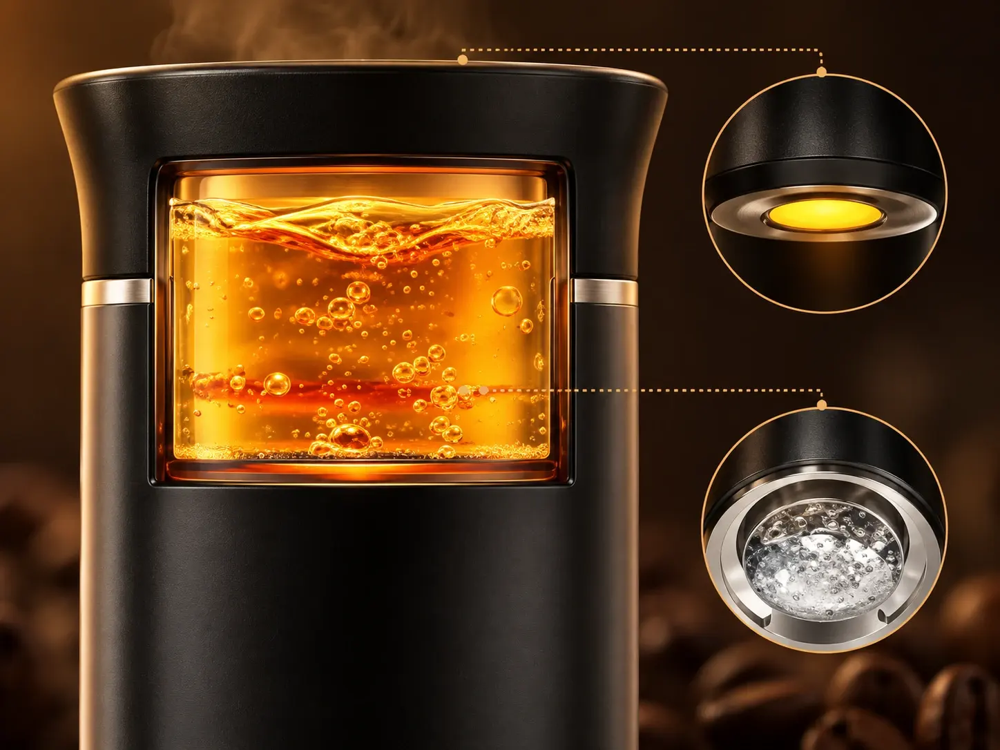 Portable coffee maker showing heating mode with hot water, in warm amber light