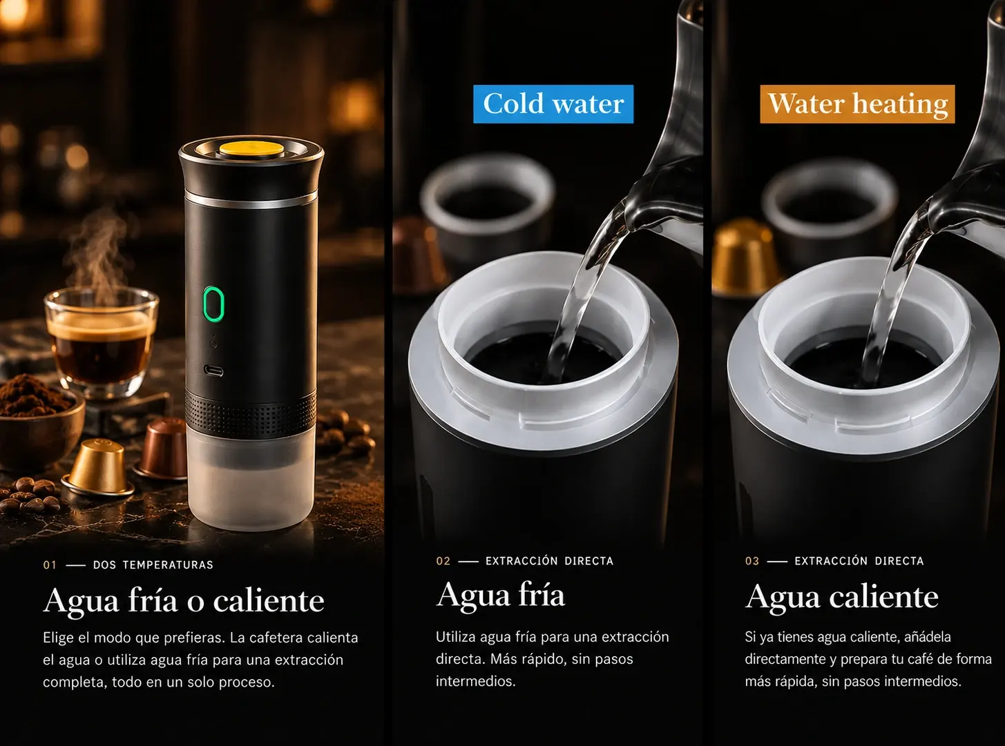 Comparison of the portable coffee maker’s two extraction modes: thermal mode and direct extraction